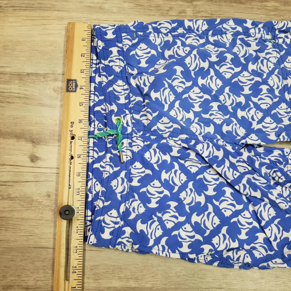 J.Crew Swim Shorts Boys Small Blue Fish Print Mesh Lined Elastic Waist Trunks